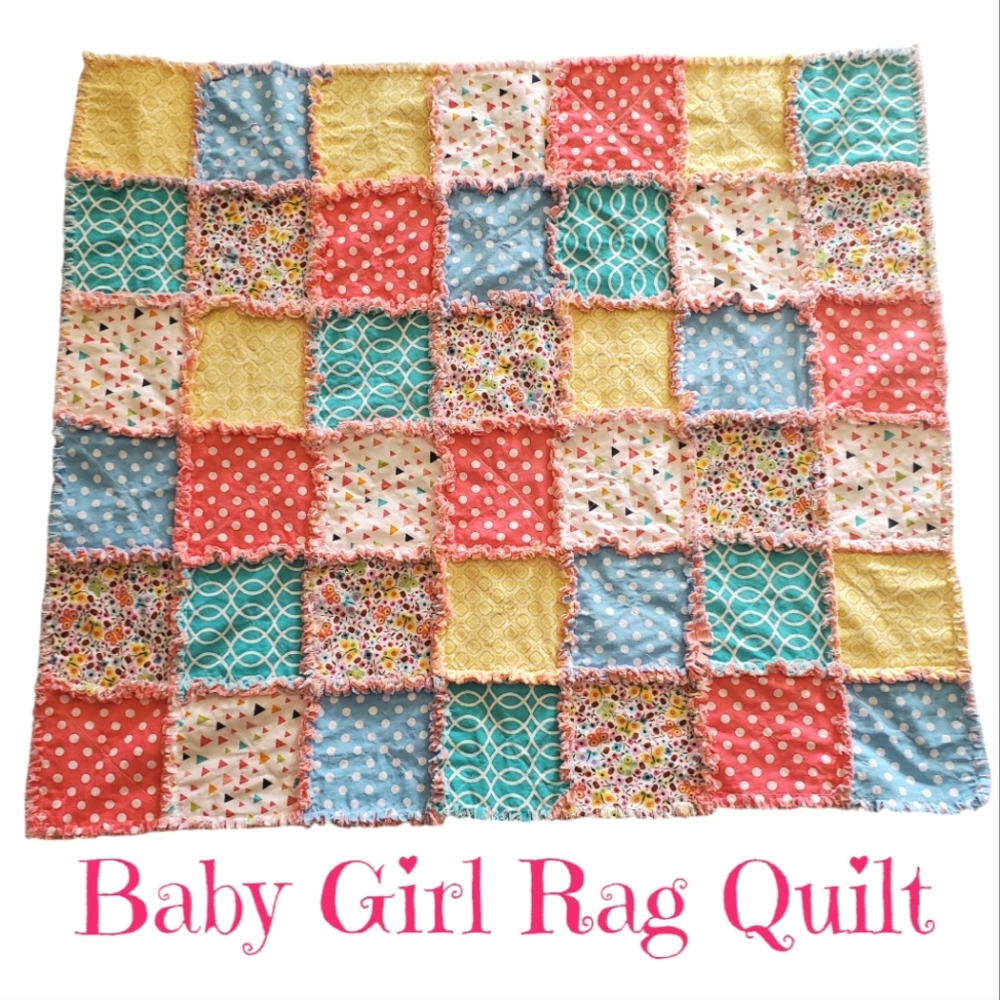 New Homemade Baby Girl Rag Quilt Multi-Color/Fringed Block Style